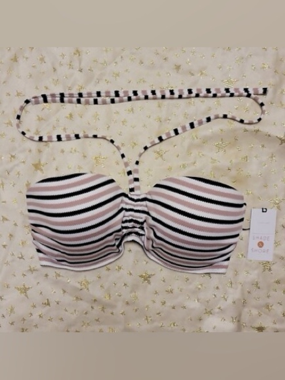 Shade & Shore cream/peach, Black & White Striped Strapless Bandeau bikini Top